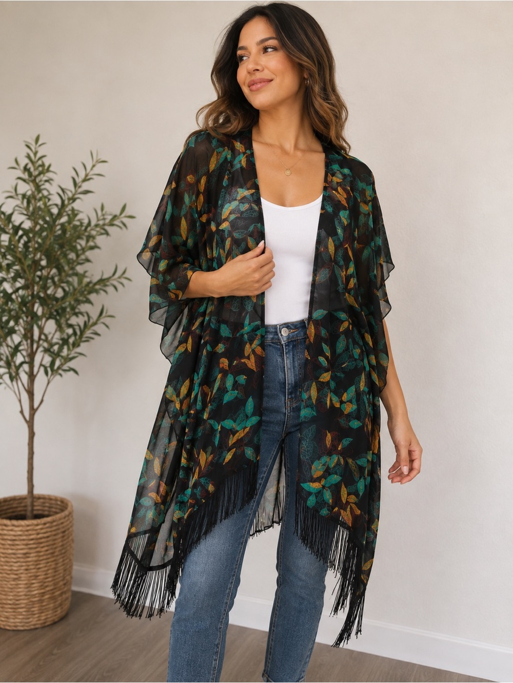 LuLaRoe Monroe Kimono Small Black Sheer Leaf Print Fringe Hem Boho Cardigan